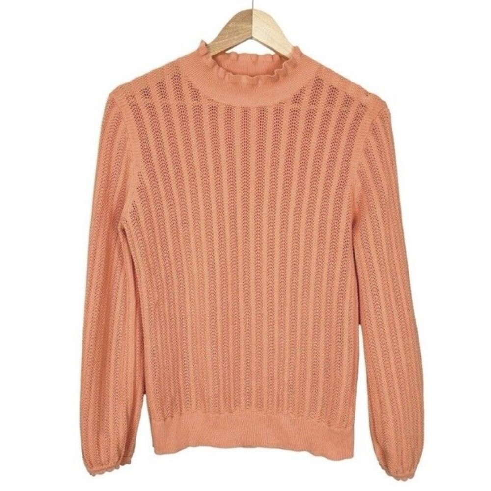 J‎ Crew Women Ruffle Sweater M Peach Sheer Preppy Pastel Pointelle 100% Cotton